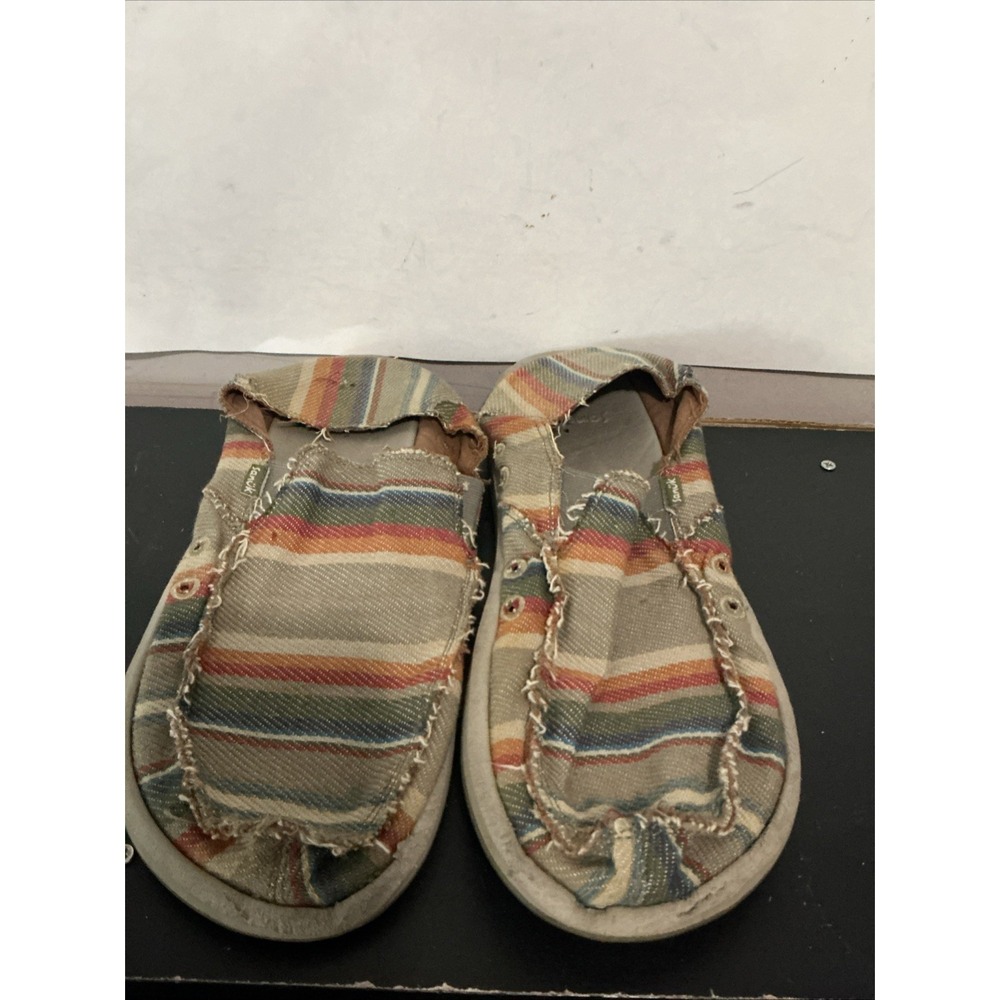 Sanuk Mens 12 Beige Striped Canvas Slip-On Casual Shoes Round Toe Boho 1116868